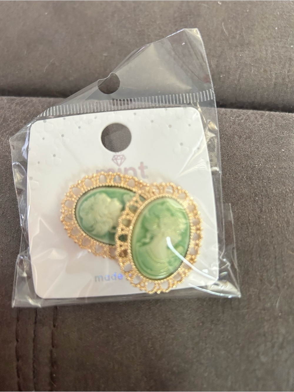 4/$50 Green Cameo Oval Statement Earrings with Gold Filigree